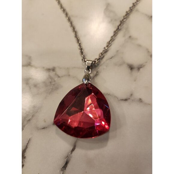 Vintage Red Crystal Pendant Necklace With Silver-Tone Chain - Picture 1 of 5